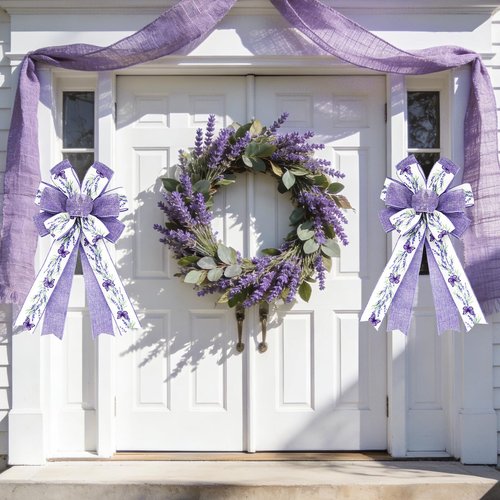 Craflox Spring Summer Lavender Bow Decorations, 2 Pcs Lavender Butterfly Bows for Wreaths, Spring Summer Purple Bow Ornaments for Tree, Spring Tree Topper Bows
