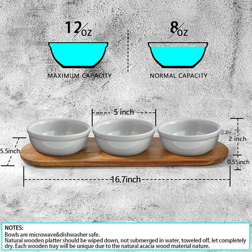 Artena 12 oz Ceramic Chip and Dip Serving Set - Acacia Tray & 5-inch Grey Bowls for Appetizers