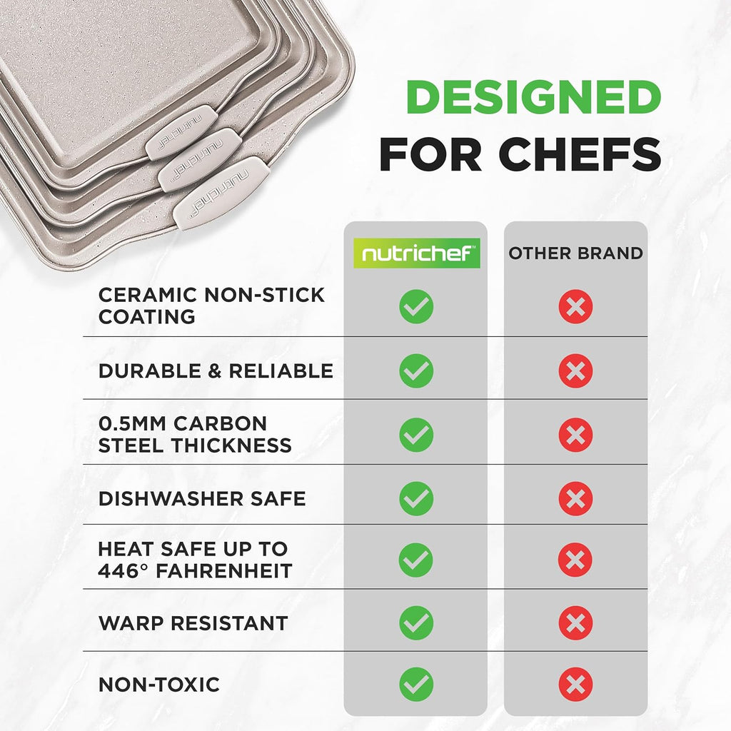 NutriChef Nonstick Cookie Sheets - Premium Carbon Steel Baking Pans with Silicone Handles | Easy to Clean, Cream Marble Finish