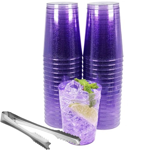 50pc 10oz Purple Glitter Plastic Cups and 1 Silver Ice Tong Set - Disposable Cocktail Glasses - Plastic Wine Cups - Purple Party Decorations - Purple Party Supplies