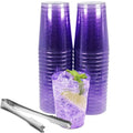 50pc 10oz Purple Glitter Plastic Cups and 1 Silver Ice Tong Set - Disposable Cocktail Glasses - Plastic Wine Cups - Purple Party Decorations - Purple Party Supplies