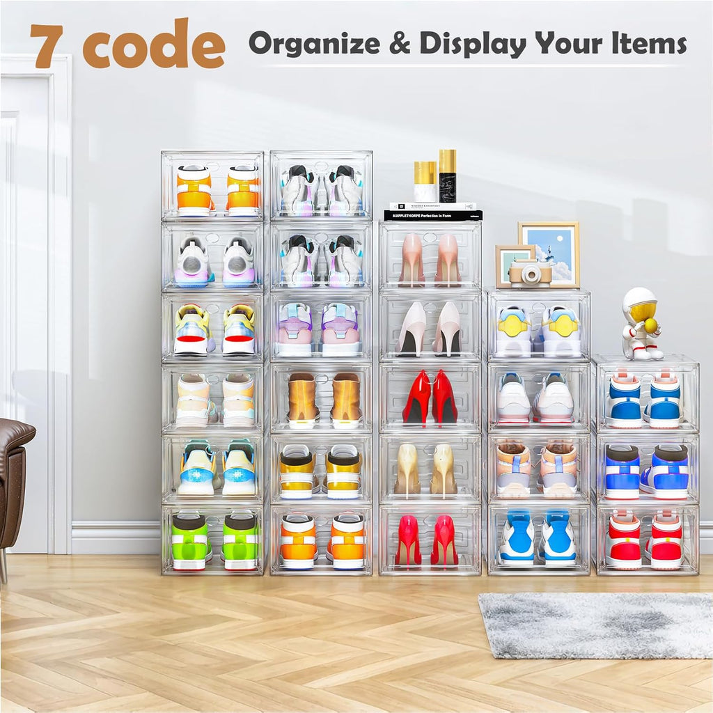 Skiennix Clear Shoe Storage Organizer - 12 Pack Stackable Plastic Boxes with Magnetic Doors | Space-Saving White Design