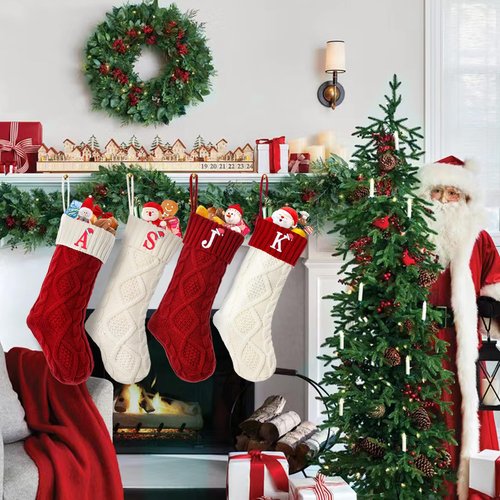 Ulico Initial Christmas Stockings, 18’’ Large Embroidered Monogram Knit Christmas Stocking,Xmas Stocking for Kids, Holiday and Family Stocking for Fireplace or Party Decoration Red-White Letter A