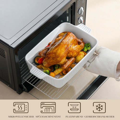 MALACASA 4.4 QT Baking Dish - Durable Ceramic Casserole Pan with Rack | 9x13 Rectangular Lasagna Dish, White