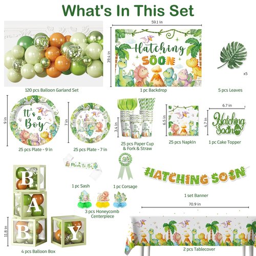 cocomigo 280PCS Dinosaur Baby Shower Decorations, 25 Dinosaur Theme Tableware, Includes It's A Boy Plates and Napkins, Backdrop, Balloon Kit for Hatching Soon Baby Shower Decorations