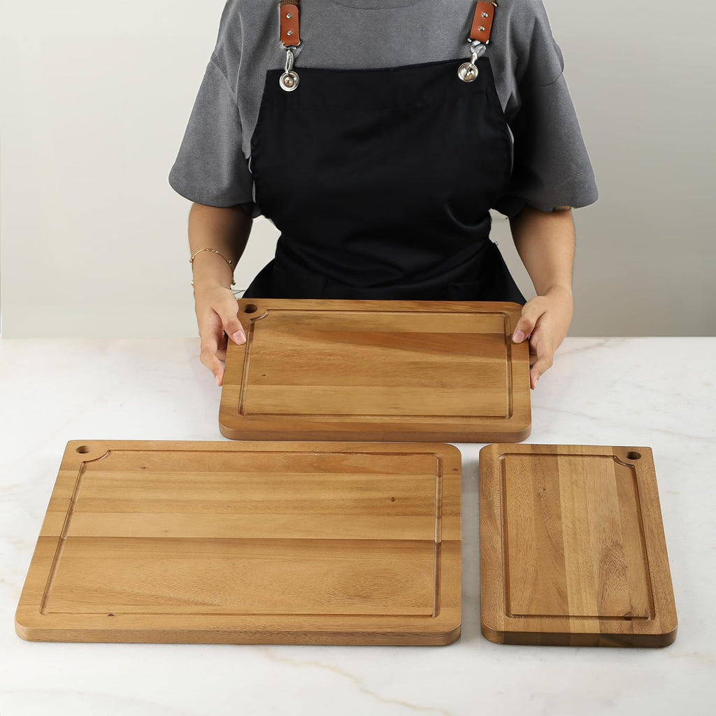 Sango Acacia Cutting Board Set - 3-Piece Wood Chopping Boards with Juice Grooves & Hanging Holes | Stackable, Reversible, Non-Toxic Design for Kitchen