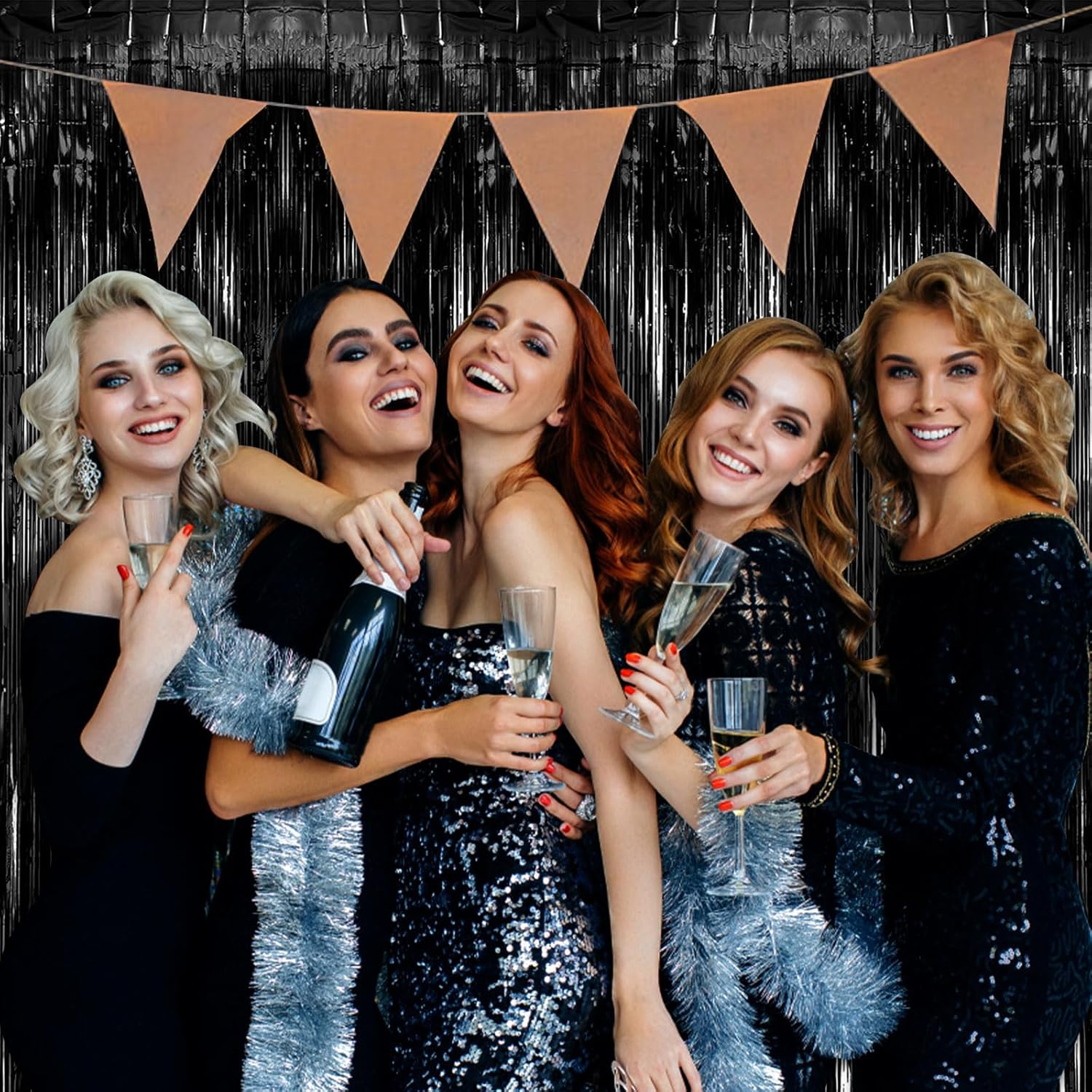 Skiennix 5 Pack Black Party Streamers - Tinsel Foil Fringe Curtains for Halloween & Birthday Decor