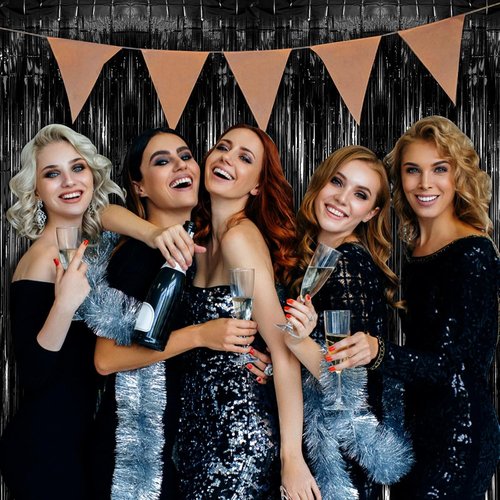 Foil Curtain Backdrop - 20 Pack Black Metallic Tinsel Fringe Curtains for Parties & Celebrations