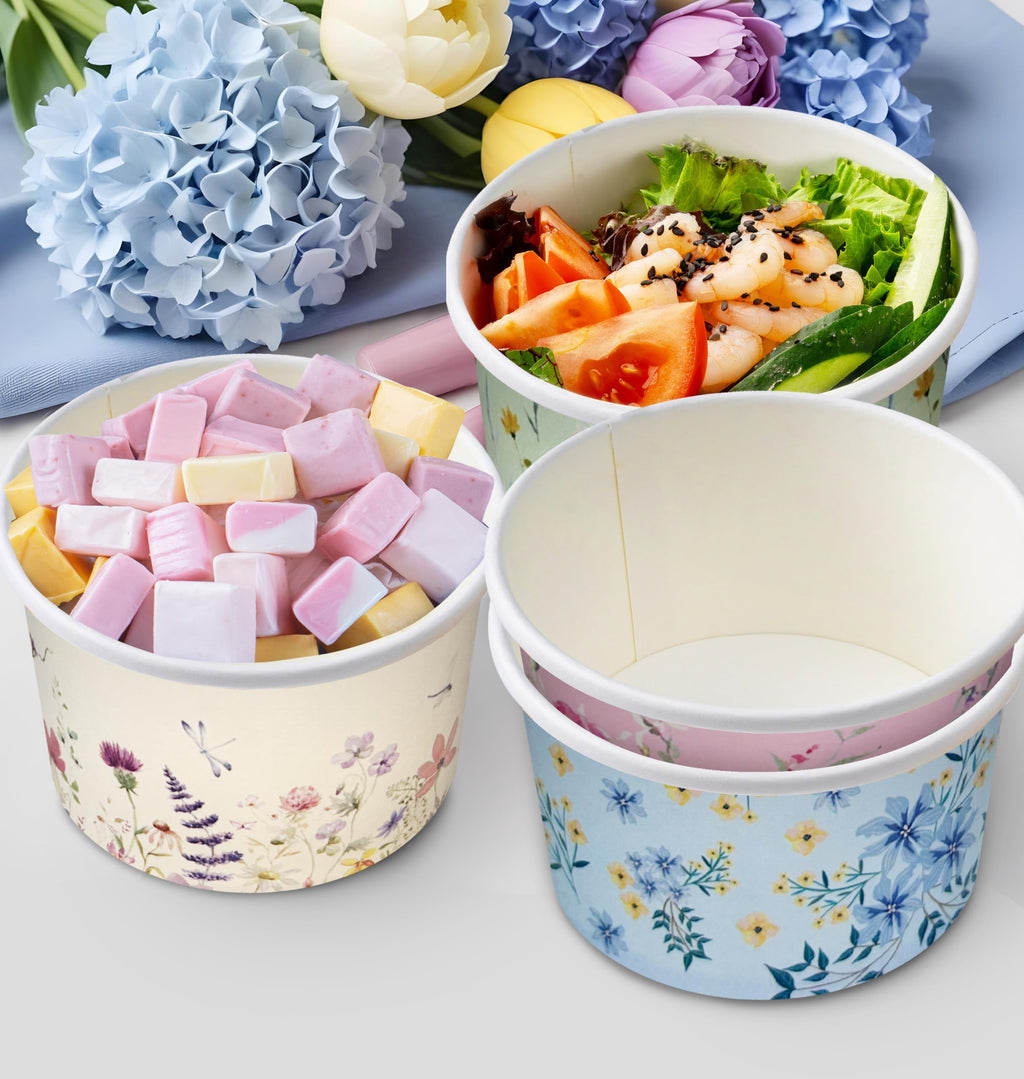 Nihuecne 50 Pcs 9 oz Floral Themed Disposable Dessert Paper Bowls in 5 Designs, Disposable Snack and Soup Bowls for Events, Game Day, Birthday Party Supplies, Perfect for Hot or Cold Food