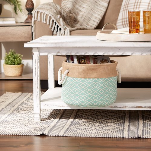DII Jute Storage Collection Collapsible Burlap Diamond Storage Bin, Large Round, 16x15", Aqua