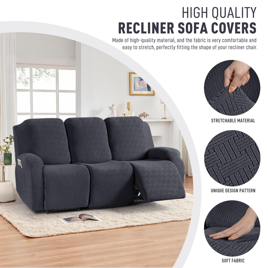 KinCam Recliner Covers, Stretch Reclining Chair Covers, Recliner Sofa Slipcovers Stripe Jacquard Recliner Couch Covers Furniture Protector Covers for Pet Kid (3 Seater, Charcoal Gray)