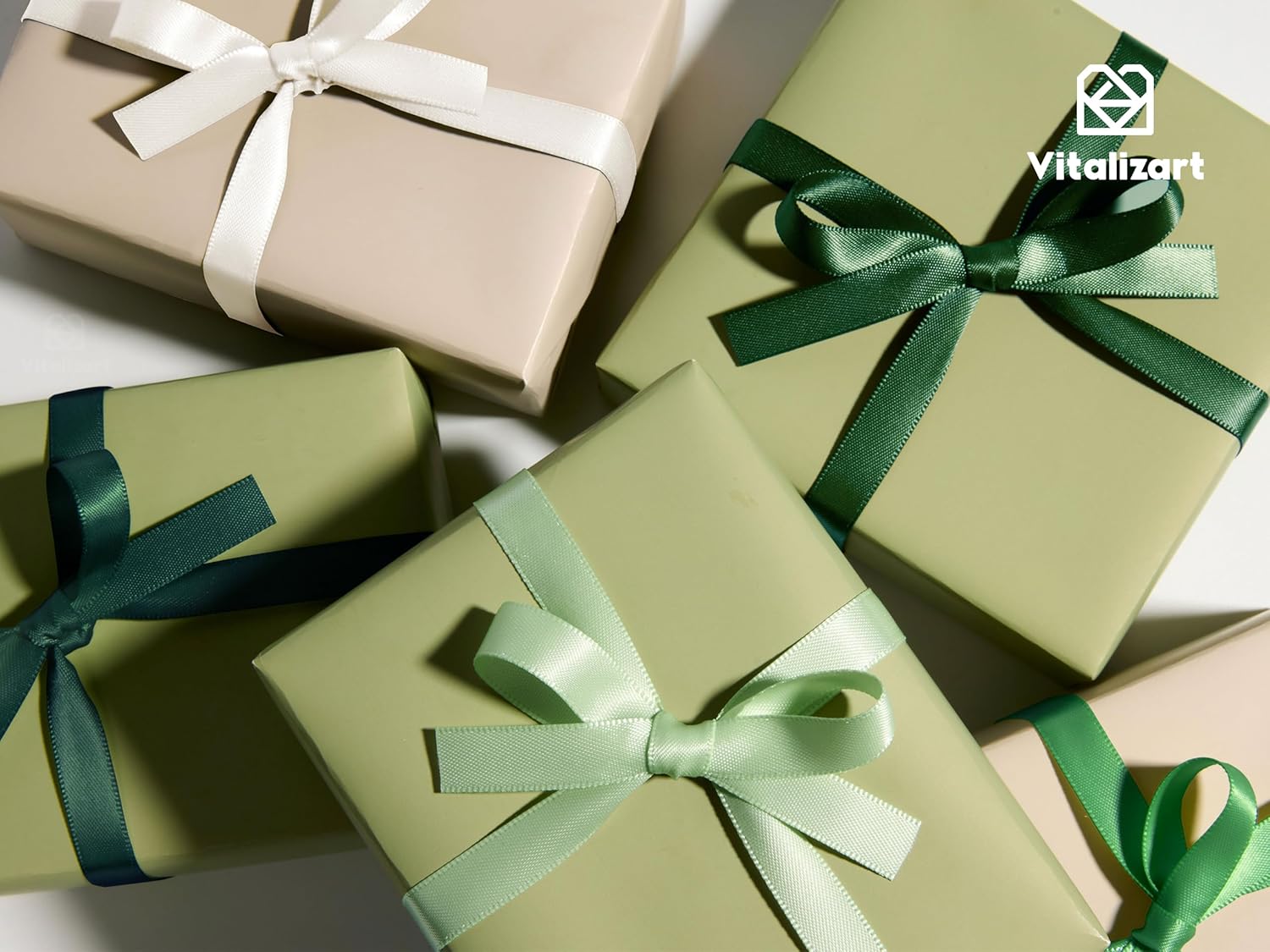 Vitalizart Satin Ribbon - Green & Cream Double-Faced Craft Ribbon | 3/8" x 50 Yd for Gift Wrapping & Decorations