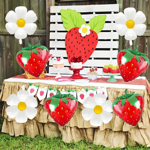 8 PCS Strawberry Balloons Daisy Balloons, Red Berry Foil Balloons for Strawberry Themed Birthday Party Decorations Berry First Birthday Decorations