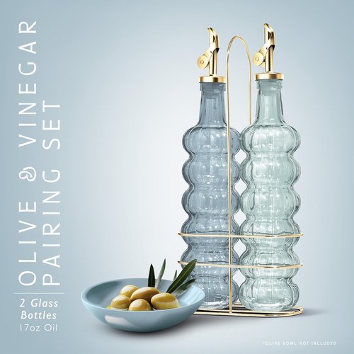 COOK WITH COLOR Glass Olive Oil Bottle Dispenser - 17oz Cruet Set for Oil & Vinegar - Elegant Blue Waves