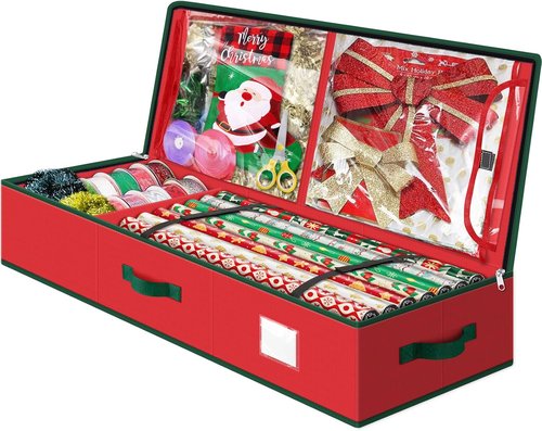 Fabspace Christmas Wrapping Paper Storage Containers - 40 Inch Gift Wrap Organizer with Visible Pockets | Red