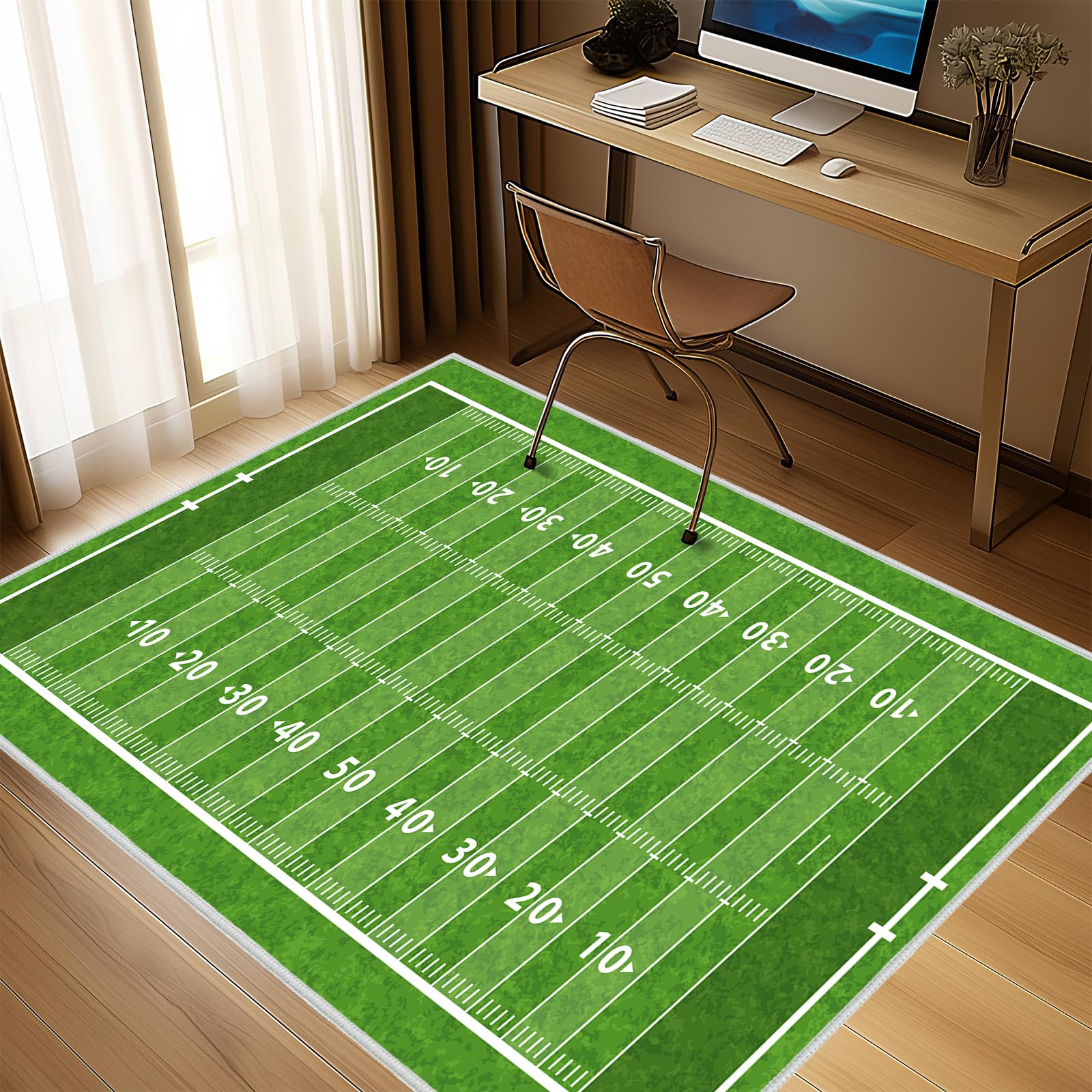 Green Area Rug 4x6,Football Field American Sports Green Lawn Sport Game Team Competition,Ultra-Thin Washable Throw Carpet Indoor Non Slip Accent Floor Carpets for Bedroom,Living Room,Dining Room