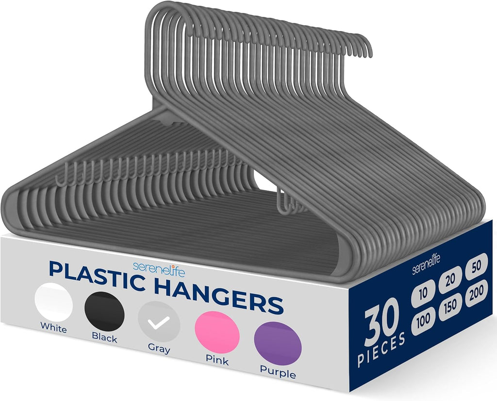SereneLife Non-Slip Plastic Hangers - Durable Space-Saving Closet Organizers | 30 Pack for Shirts, Sweaters & Kids Clothes
