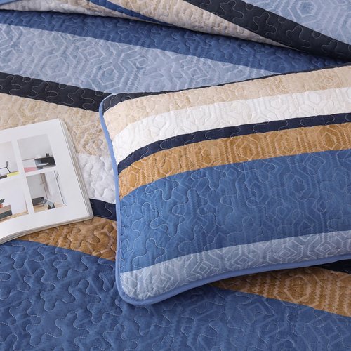 Dobuyly Blue Queen Quilt Set, Boho Bedspread Queen Size, Striped Bedding Sets 3 Pieces, Lightweight Soft Coverlet Bed Sets with 2 Pillow Shams 96"x90"