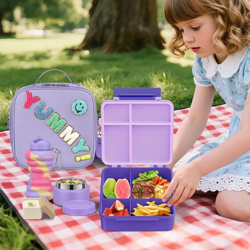 Bento Lunch Box with 10oz Soup Thermo for Kids Insulated Lunch Bag & Foldable Silicone Cup Food Leak Proof Food Container with 5 Compartment for Kid to Shool Travel