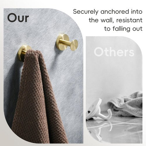 YWCOO Towel Hooks for Bathroom 304 Stainless Steel Coat Robe Clothes Hook for Bathroom Kitchen Living Room Wall Mounted Shower Hooks for Inside Shower 2 Golden (Drilling Installation)