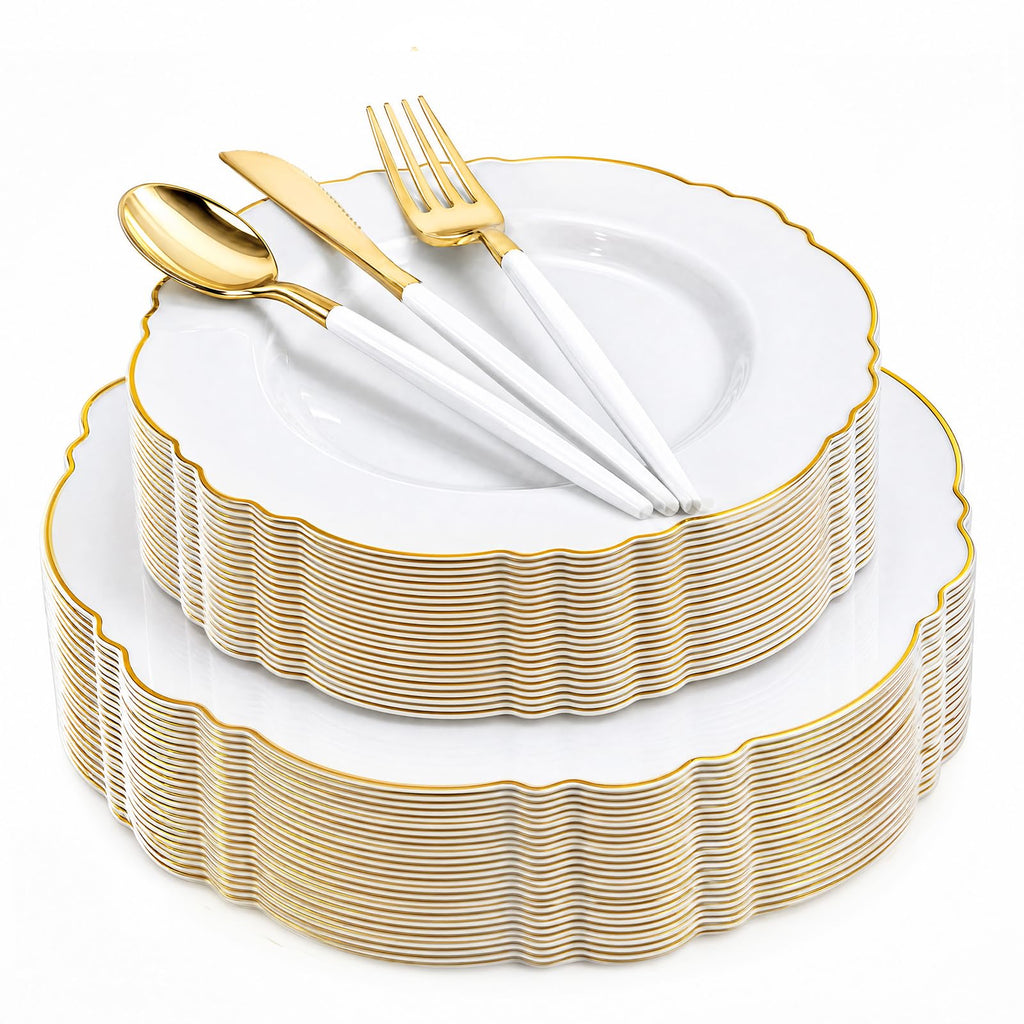 WDF 30Guest Gold Plastic Plates - High-end Baroque Design - 10.25&7.5in Wedding White and Gold Plates Disposable for Birthday/Baby Shower/Wedding/Party