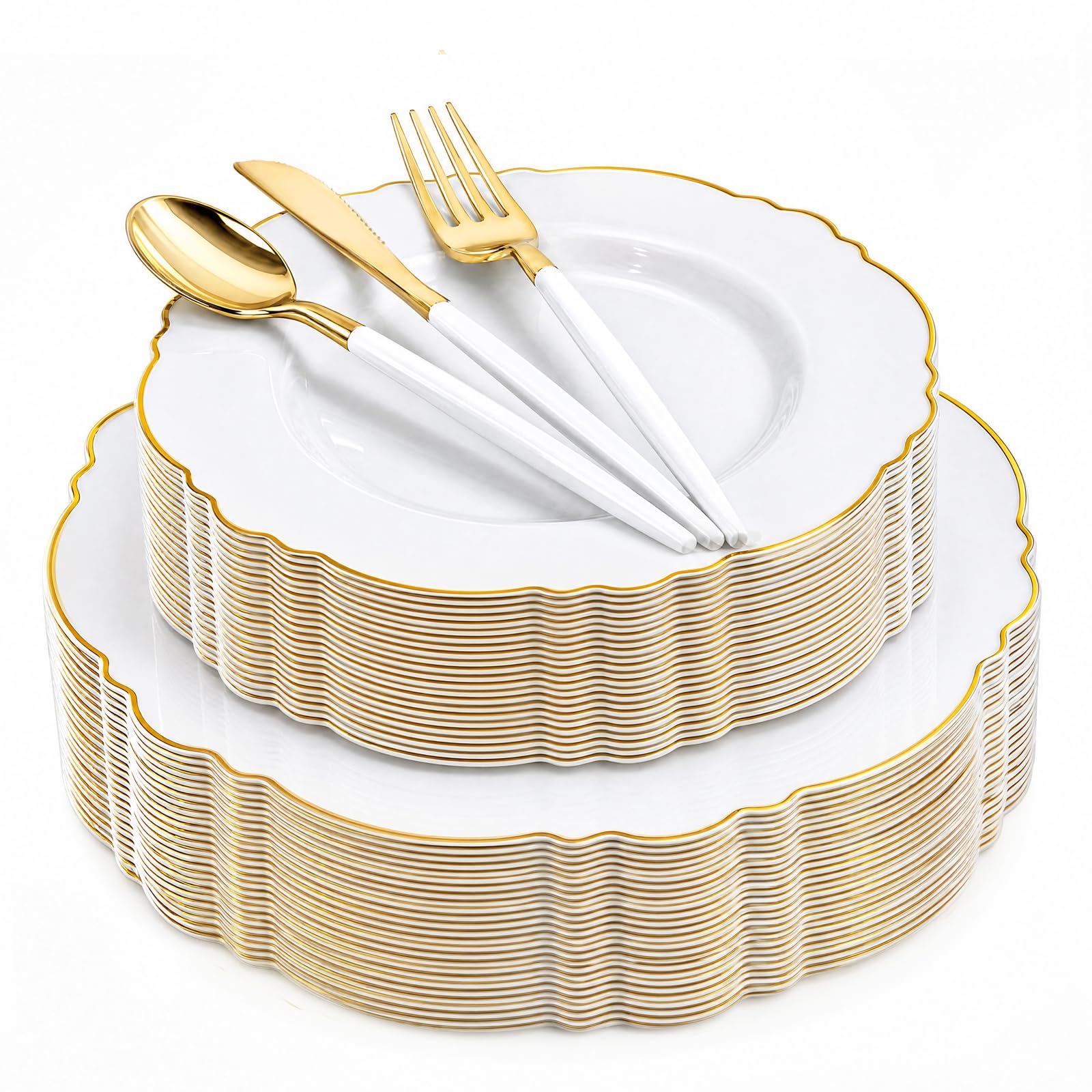 WDF 30Guest Gold Plastic Plates - High-end Baroque Design - 10.25&7.5in Wedding White and Gold Plates Disposable for Birthday/Baby Shower/Wedding/Party