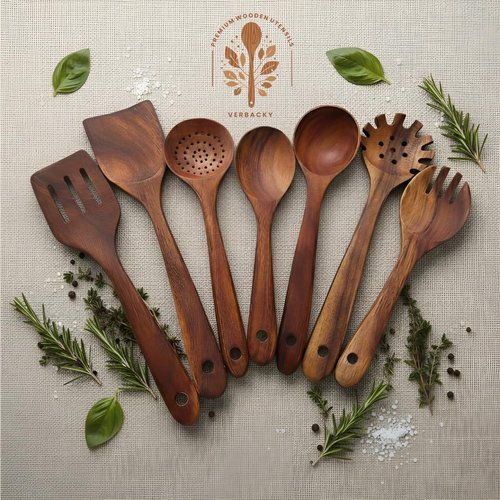 Wooden Utensil Set 9 PCS Hand-Crafted, Heat-Resistant, Non-Scratch & Easy-to-Clean Natural Teak Wooden Kitchen Tools with Spatula, Slotted Spatula, Spoons, Ladle, Pasta Server, Salad Fork, Holder Set