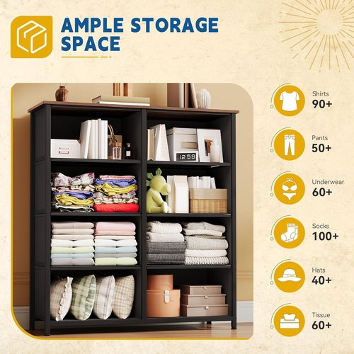 DWVO Fabric Dresser - 8 Drawer Tall Chest with Sturdy Steel Frame & Wooden Top | Ideal for Bedroom & Living Room