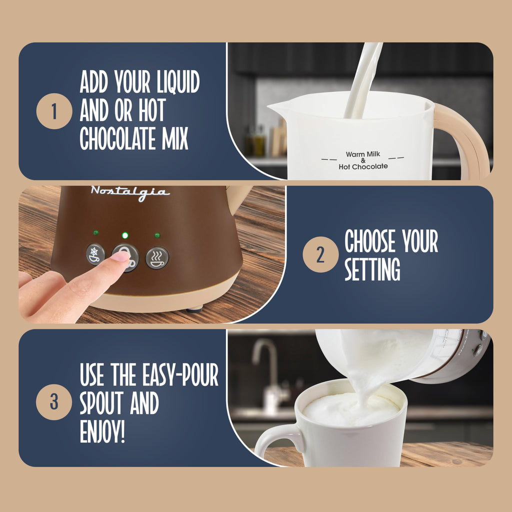 Nostalgia 32 Oz Frother and Hot Chocolate Maker, Warm or Cold Milk Foam, Includes Cocoa Bomb Mold, for Coffees, Lattes, Cappuccinos, Brown