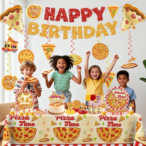 Xynic 191pcs Pizza Party Decorations Tableware Set Serves 25 Pizza Birthday Party Decorations, Disposable Pizza Themed Plates and Napkins Set, with Cakes Toppers, Banner and Tablecloths