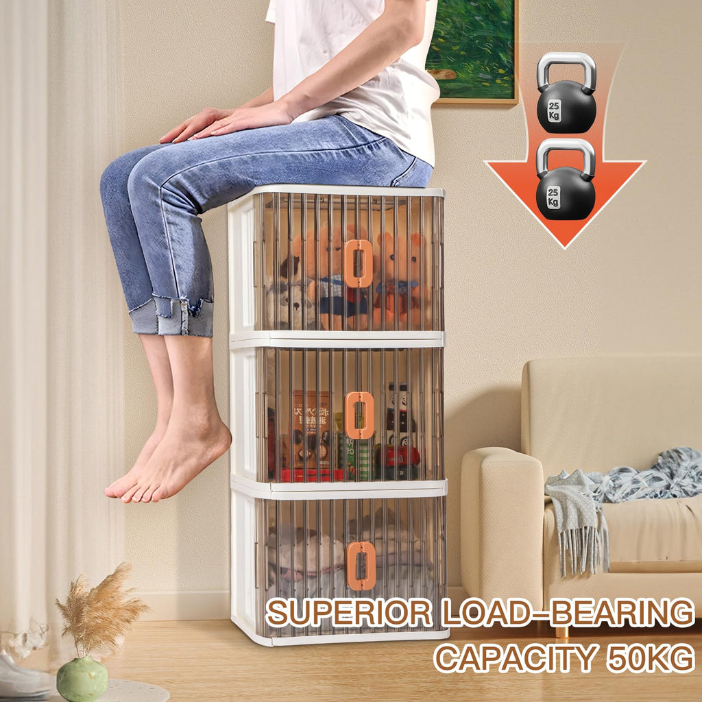 CIWEI Foldable Storage Cabinet with Wheels, 3 -Tier Stackable Storage Bins with Doors and Wheels Adjustable Shelves for Kids Free Standing Shoe Shelf Cabinet for Kitchen Bathroom