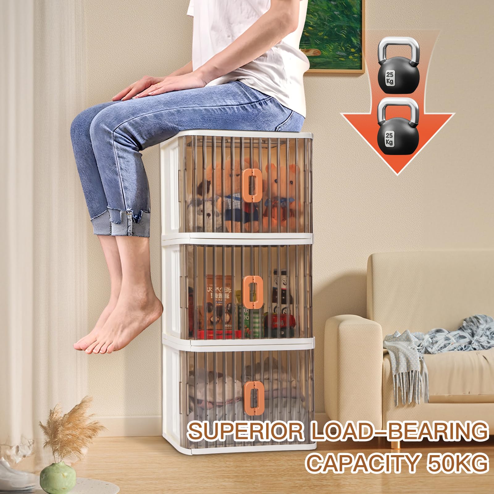 CIWEI Foldable Storage Cabinet with Wheels, 3 -Tier Stackable Storage Bins with Doors and Wheels Adjustable Shelves for Kids Free Standing Shoe Shelf Cabinet for Kitchen Bathroom