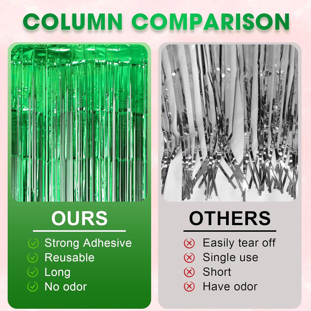 Voircoloria Green Foil Fringe Backdrop Curtains - 3 Pack Tinsel Streamers for Parties | 3.3x8.2 Feet