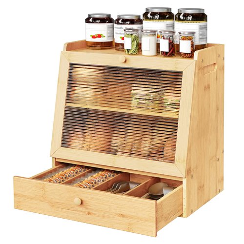 HOOBRO Bread Box, Bamboo Bread Box Storage Container with Drawer, 2-Tier Kitchen Countertop Food Storage Box with Acrylic Door, for Food, Natural YL21MB01
