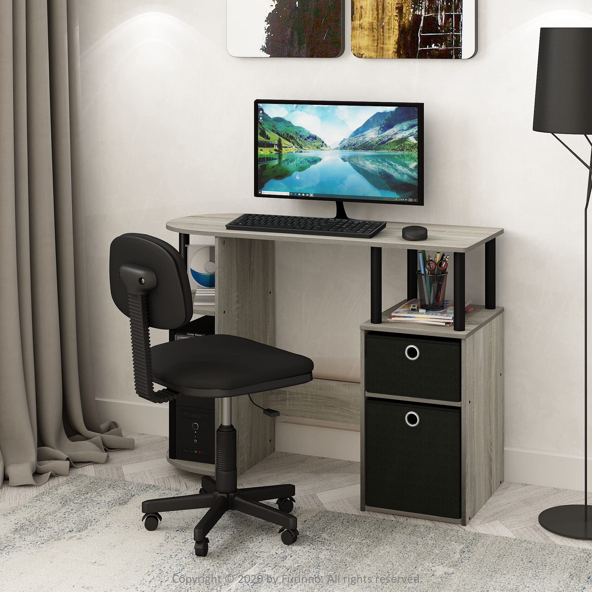 Furinno JAYA Desk, 38.4" Wide Gaming Desk with Bin Drawers, Computer Desk with Side Shelf, Office Desk for Study, Home Office, Bedroom, Dorm, Study Room, French Oak
