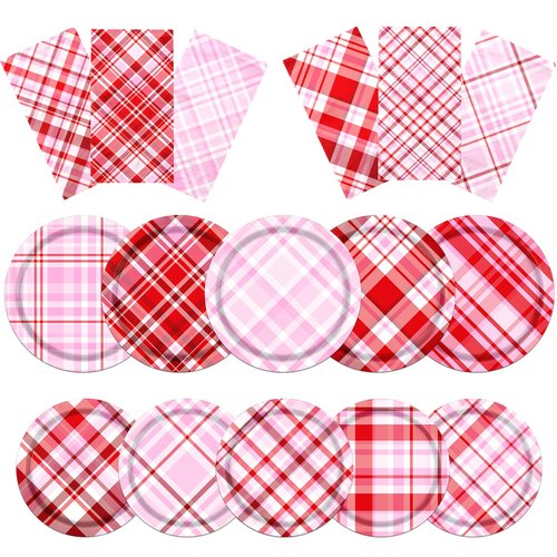 OGMOGKW Valentines Plates and Napkins,60pcs Valentine Paper Plates and Napkins Red Pink Gingham Plates and Napkins Disposable Valentines Day Plates Sets for Valentines Day,Wedding, Anniversary Party