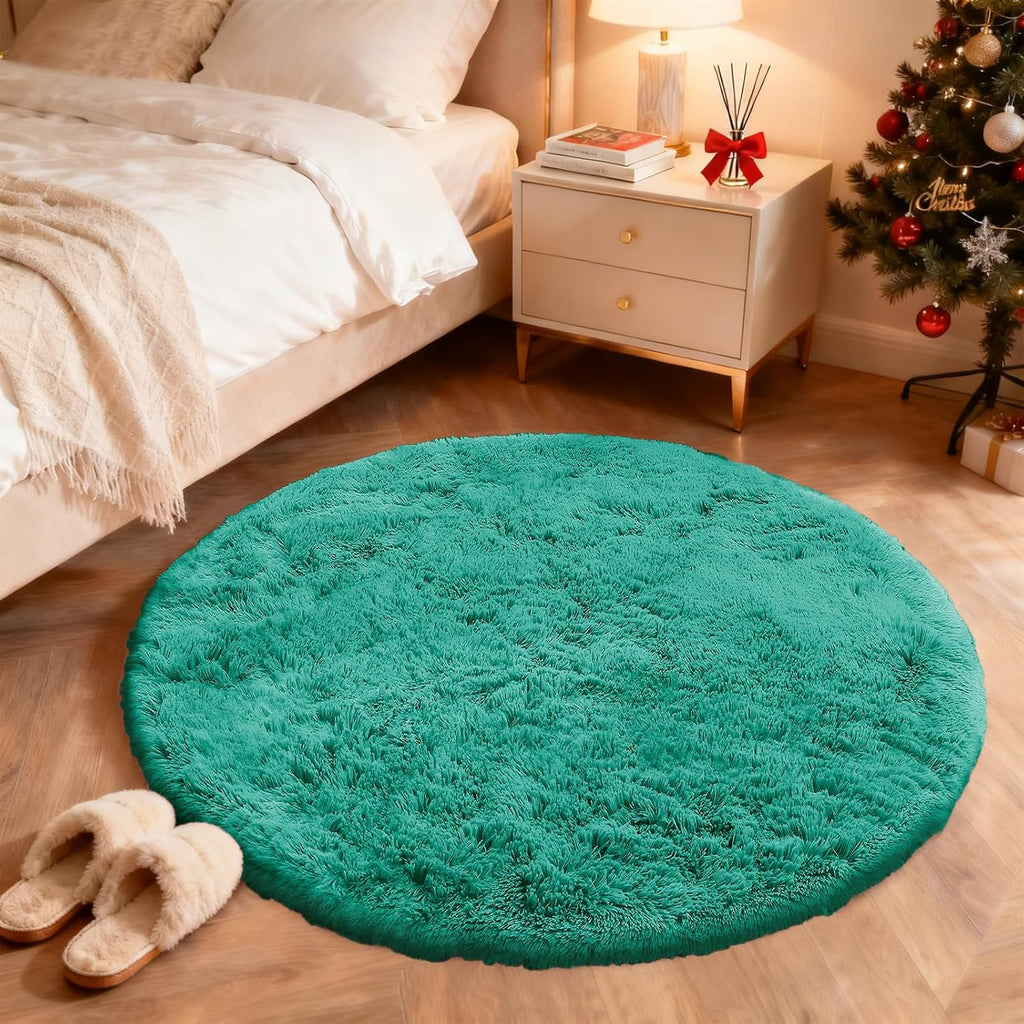 OLANLY Teal Green Round Area Rug - Soft, Fluffy, Machine Washable 8 ft Circle Carpet for Bedroom & Living Room
