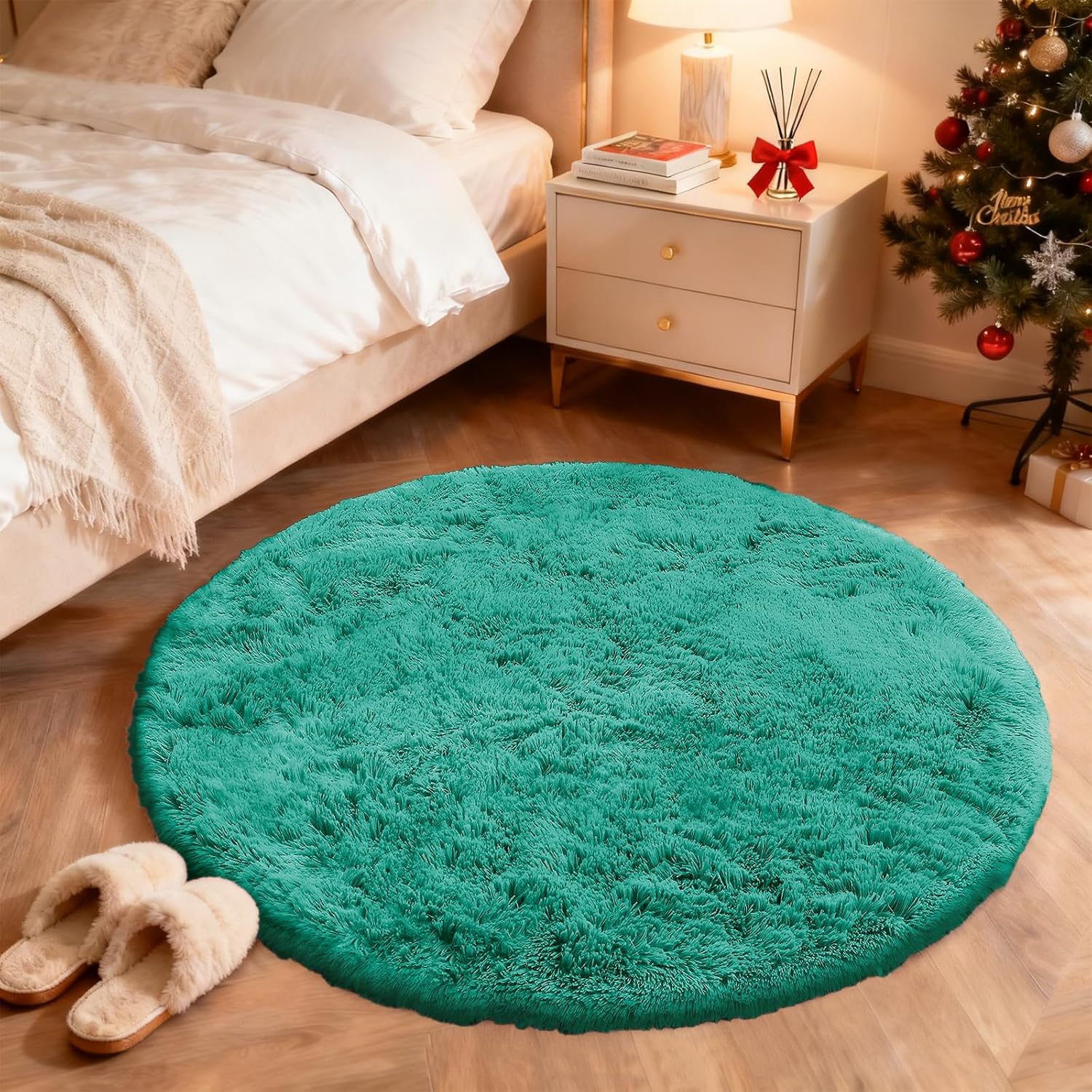 OLANLY Teal Green Round Area Rug - Soft, Fluffy, Machine Washable 7 ft Circle Carpet for Bedroom & Living Room