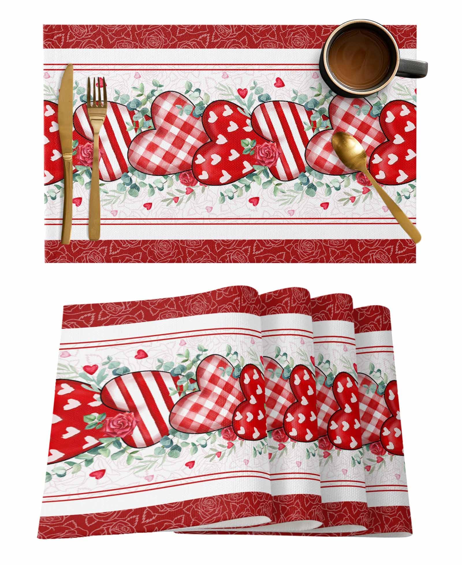 Valentines Day Placemats Set of 6 Washable Table Mats for Kitchen Dining Table, Love Rose Heart Heat-Resistant Cotton Linen Place Mats for Indoor Outdoor Parties Holiday Decoration, Red