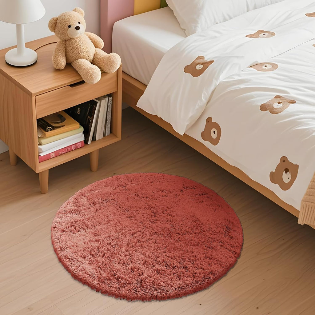 OLANLY Round Rugs - Rust Red, Soft & Fluffy Shaggy Carpet for Bedroom | 2 ft Machine Washable Area Rug