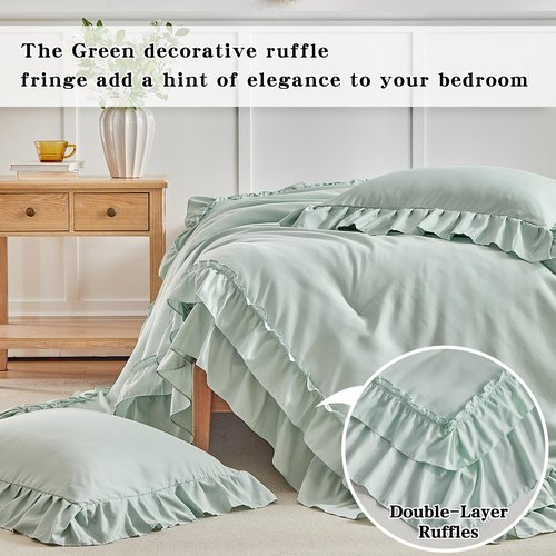 Flysheep Sage Green Ruffle Comforter Set Twin Size, 3 Pieces Vintage Farmhouse Shabby Chic Comforters, Solid Color Lightweight Soft Fluffy Bedding Sets for Kids (1 Ruffled Comforter + 2 Pillow Shams)