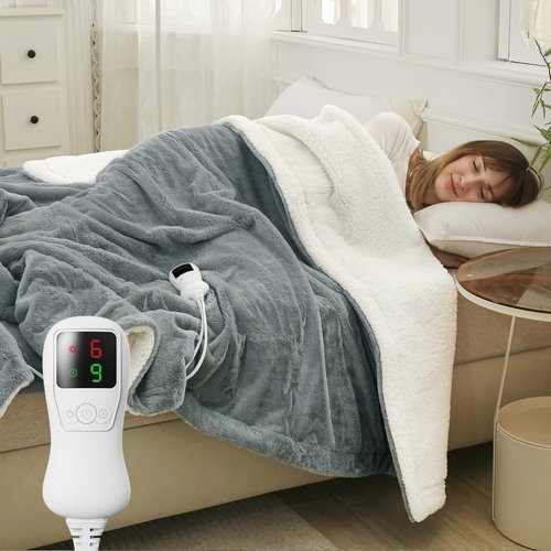 Heated Blanket Throw Size, Electric Throw Blanket, Heated Throw Blanket Electric Faux Fur Heating Blanket with 9 Heating Levels & 1-9 Hours Auto Off, Fast Heat & Overheat Protection, 50" x 60", Gray