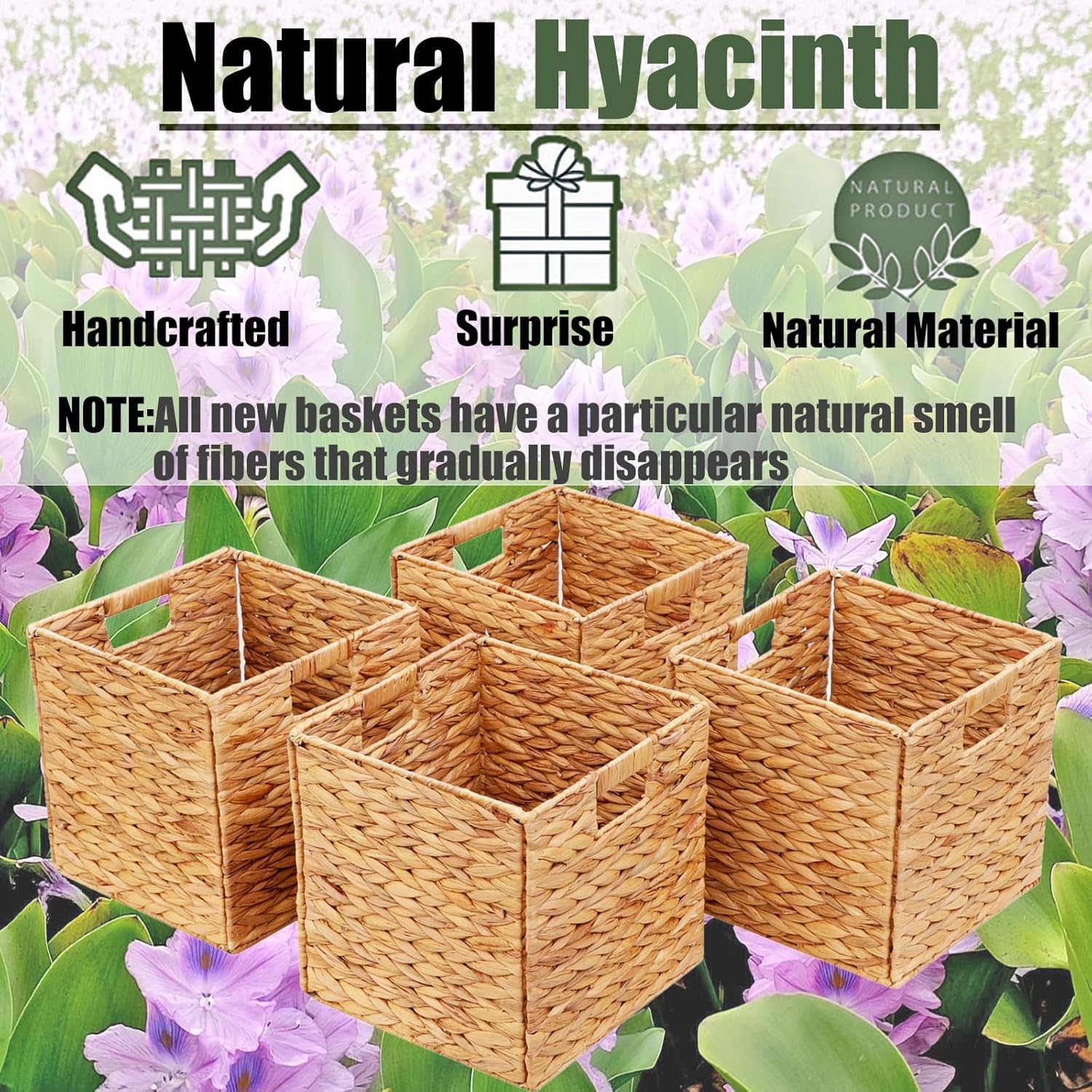 Regine Switzerland Storage Baskets - 4 Pcs Foldable Handwoven Water Hyacinth Bins | 11x11in Square Design for Laundry Organization