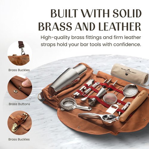 Travel Bartender Kit Bag | Professional 17-Piece Copper Bar Tool Set with Portable Bar Bag and Shoulder Strap for Easy Carry and Storage | Best Travel Bar Set for Home Cocktail Making, Work, Parties