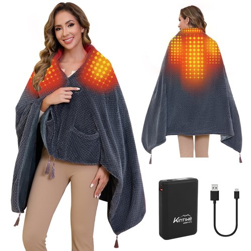 Heated Shawl Blanket Throw Battery Operated, Portable Electric Heated Poncho with Zipper and Pockets, 4 Heating Areas & 3 Heating Modes,Heating Blanket for Neck and Shoulders and Back