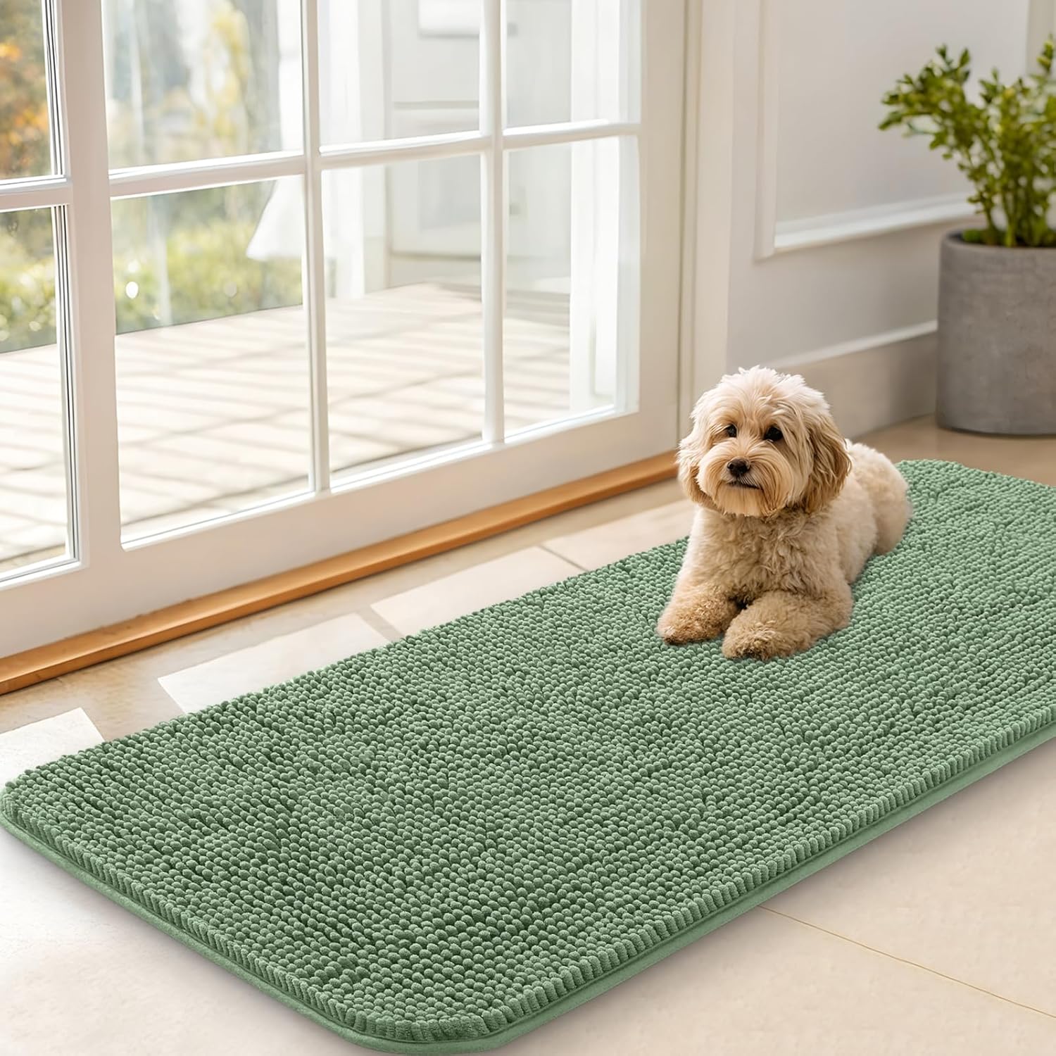 OLANLY Dog Door Mat - Absorbent Non-Slip Indoor Carpet for Muddy Paws | 47x20, Olive Green