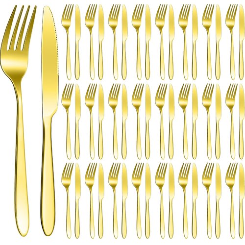Nuenen 50 Pieces Stainless Steel Forks Silverware Set Dinner Forks and Knives Flatware Tableware Cutlery Set for Kitchen Restaurant(7.1 x 1 Inch, 8.4 x 0.7 Inch,Gold)