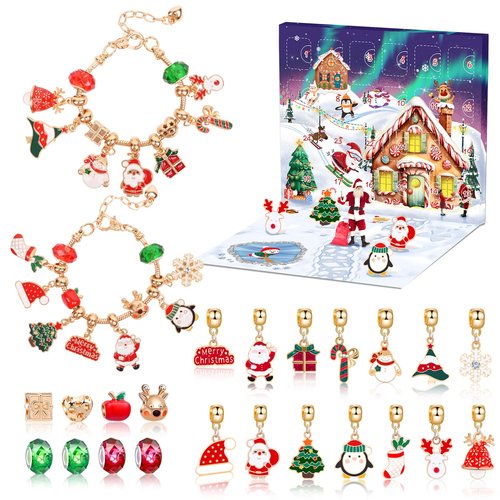 2025 Christmas Advent Calendar Bracelets, 24 Days Christmas Countdown Calendar with 2pcs DIY Charm Bracelets Kits,DIY Christmas Charm Bracelet Gifts