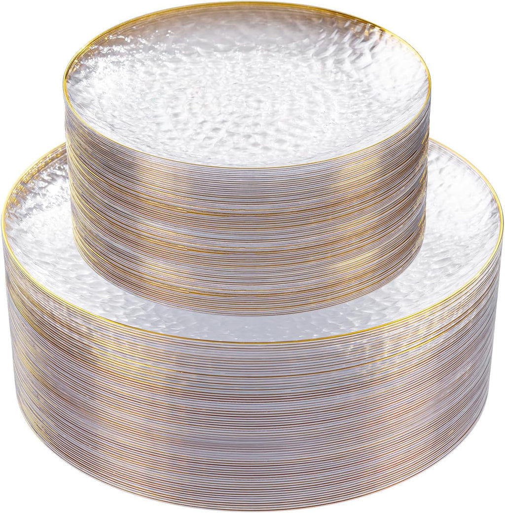 Rubtlamp Clear Plastic Plates - 60 Pcs Heavy-Duty Disposable Plates with Gold Rim | 30 Dinner & 30 Dessert Plates for Weddings & Parties