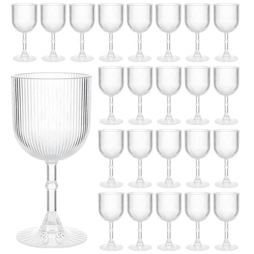 LEYIQU Plastic Wine Glasses 9oz Set, Ribbed Vintage Goblets Unbreakable Reusable BPA-Free Stemmed Drinking Glasses for Parties, Weddings & Events (Clear, 24pcs)
